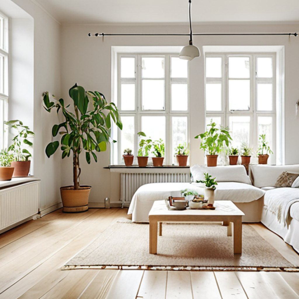 A bright and airy Swedish living room with large windows, white walls, light-colored textiles, strategically placed mirrors, and indoor plants, flooded with natural sunlight.