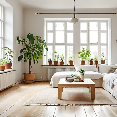 A bright and airy Swedish living room with large windows, white walls, light-colored textiles, strategically placed mirrors, and indoor plants, flooded with natural sunlight.