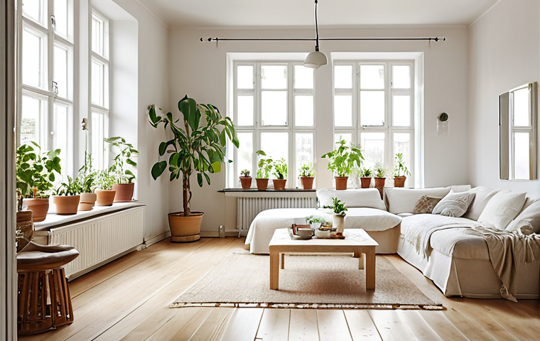 A bright and airy Swedish living room with large windows, white walls, light-colored textiles, strategically placed mirrors, and indoor plants, flooded with natural sunlight.